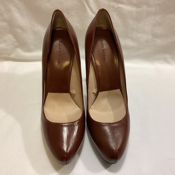NEW ZARA WOMAN BROWN LEATHER PLATFORM PUMPS SZ 39 - Picture 3 of 13